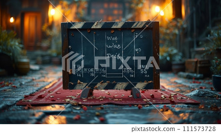 AI-generated content. Text title on film slate. What's your story 111573728
