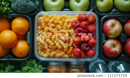 AI-generated content. A top view photo depicting a lunch box, fruits and a water bottle on a white isolated background offers ample room for text or advertising. 111573729