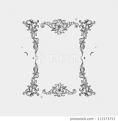 Hand drawn vector abstract outline,graphic,line vintage baroque ornament floral frame in calligraphic elegant modern style.Baroque floral vintage outline design concept.Vector antique frame isolated. Hand drawn vector abstract outline,graphic,line vintage baroque ornament floral frame in calligraphic elegant modern style.Baroque floral vintage outline design concept.Vector antique frame isolated. 111573751