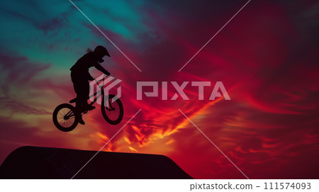 Sunset and silhouette of a person riding a BMX 111574093