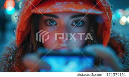 AI-generated content. Filming herself on her phone by a teenager 111574131