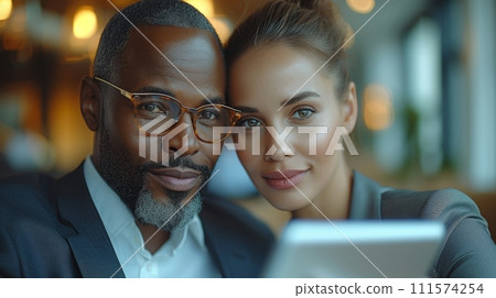 AI-generated content. A happy group of business colleagues using a digital tablet. Two young entrepreneurs discussing a topic during a meeting. Diverse entrepreneurs working together. 111574254