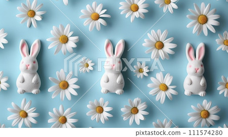 White Ceramic Bunnies and Chamomile Flowers in Blue Background. Pastel Easter Banner. AI Generated 111574280