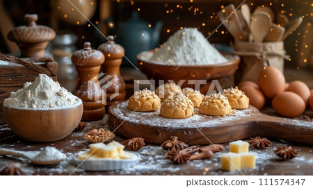 AI-generated content. Young family with preschoolers has fun baking pastry together at home, parents have fun with their children baking bakery goods in the kitchen on weekends. 111574347
