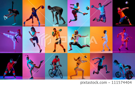 Collage made of young people, men and women, athletes of different sports in motion against multicolored background in neon light 111574404