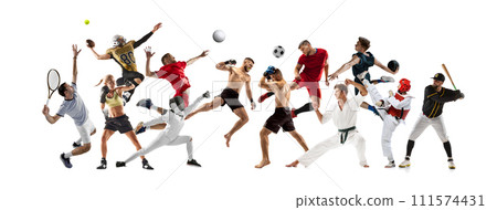 Collage made of competitive people, men and women, athletes of different sports in motion isolated on white background Collage made of competitive people, men and women, athletes of different sports in motion isolated on white background 111574431