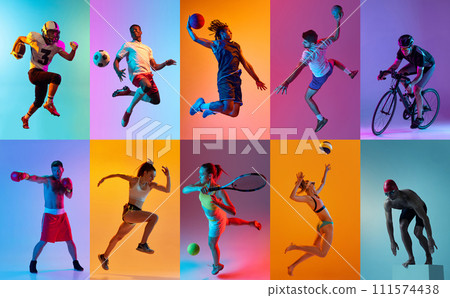 Collage made of young people, men and women, athletes of different sports in motion against multicolored background in neon light Collage made of young people, men and women, athletes of different sports in motion against multicolored background in neon light 111574438