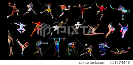 Collage made of various people, men and women, athletes of different sports in motion, training over black background in neon light Collage made of various people, men and women, athletes of different sports in motion, training over black background in neon light 111574448