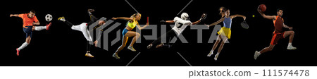 Collage made of various concentrated people, men and women, athletes of different sports in motion over black background Collage made of various concentrated people, men and women, athletes of different sports in motion over black background 111574478