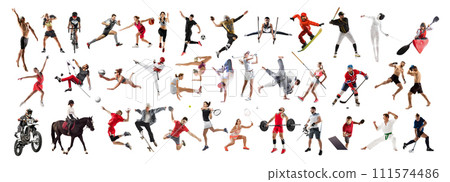 Collage made of various people, men and women, athletes of different sports in motion isolated on white background 111574486