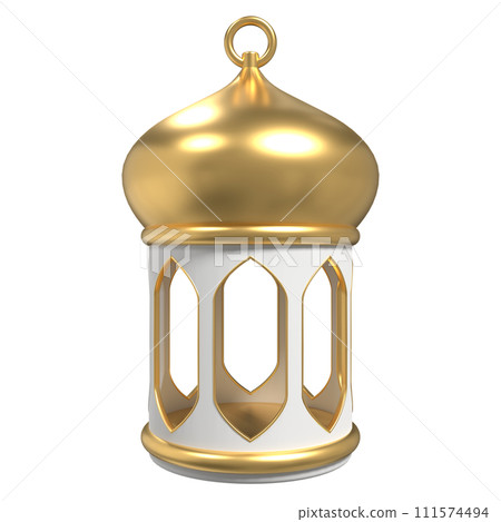 Golden lantern. Arabic lamp. 3D lantern. Decoration for ramadan kareem, eid mubarak, islamic new year. 3D rendering illustration Golden lantern. Arabic lamp. 3D lantern. Decoration for ramadan kareem, eid mubarak, islamic new year. 3D rendering illustration 111574494