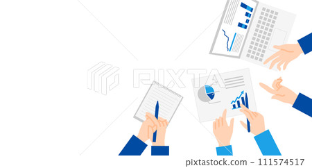 商務人員在辦公室分析材料的手的俯視圖插圖 商務人員在辦公室分析材料的手的俯視圖插圖 111574517