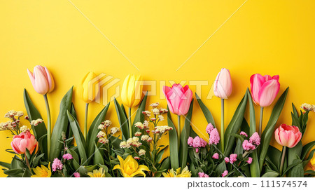 Beautiful tulips and other flowers on yellow background. 111574574