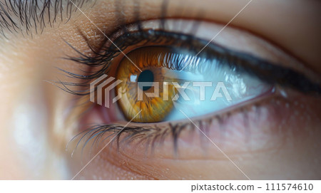 Close-up of a woman's eye with long eyelashes. Brown eyes and makeup area. 111574610