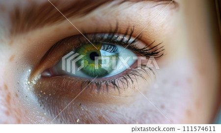 Green female eyes close-up. Blurred background, focus on the eye. 111574611