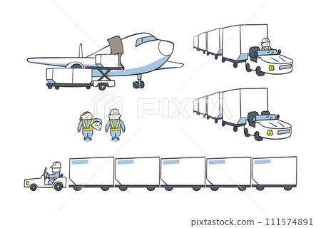 在航空貨運場工作的人們拖拉機組插圖素材 111574891