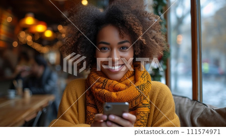 AI-generated content. In the cafe, a happy afro woman drinks coffee and uses her mobile phone, copy space available 111574971