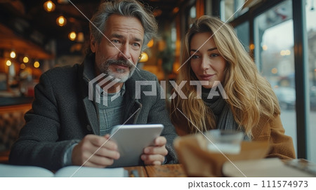 AI-generated content. Two business professionals, a mature Latino business man and a mature European business woman, discussing a project on a tablet at their office table. AI-generated content. Two business professionals, a mature Latino business man and a mature European business woman, discussing a project on a tablet at their office table. 111574973