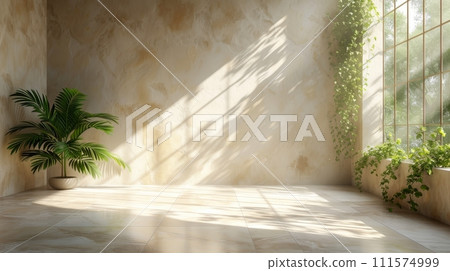 AI-generated content. This minimal abstract beige background features a window with intricate shadows, vegetation on the wall, and a minimal abstract beige background. AI-generated content. This minimal abstract beige background features a window with intricate shadows, vegetation on the wall, and a minimal abstract beige background. 111574999