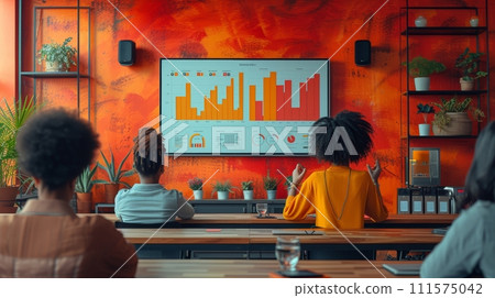 AI-generated content. Developing an e-commerce startup in a multi-ethnic office conference room. Indian CEO talks, uses TV to demonstrate infographics, statistics, and graphs. AI-generated content. Developing an e-commerce startup in a multi-ethnic office conference room. Indian CEO talks, uses TV to demonstrate infographics, statistics, and graphs. 111575042