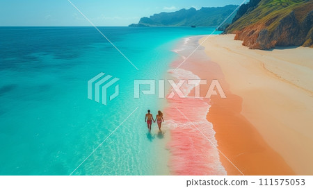 AI-generated content. The famous pink beach in Komodo national park with turquoise mint color clear water with a couple lying on it on their honeymoon. A drone aerial photo of the scene. AI-generated content. The famous pink beach in Komodo national park with turquoise mint color clear water with a couple lying on it on their honeymoon. A drone aerial photo of the scene. 111575053
