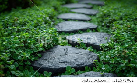 AI-generated content. Garden stone path with grass growing between the stones. Botanical garden detail. 111575062