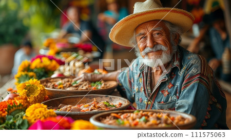 AI-generated content. Mexican food is served at a festive dinner table by an authentic Mexican family as they celebrate Cinco de Mayo. 111575063