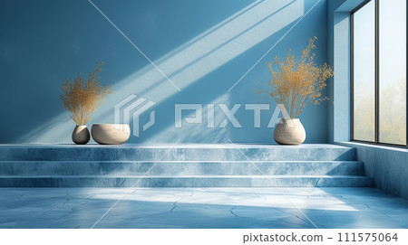 AI-generated content. An empty podium on a blue background with shadows and light. A mockup for presenting a product. 111575064