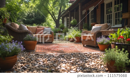 AI-generated content. Cozy outdoor furniture, decorative pillows, and relaxing garden setting create a serene garden patio. 111575088