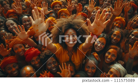 AI-generated content. Composite portrait image of a large group of smiling people contacting one another via a 4G or 5G connection. 111575089