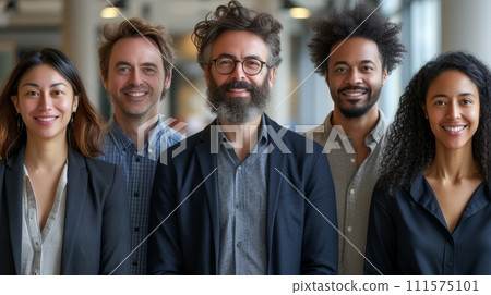 AI-generated content. Portrait of happy coworkers in a workplace, laughing together at work. Teamwork or collaboration, a crowd of smiling faces at work. 111575101