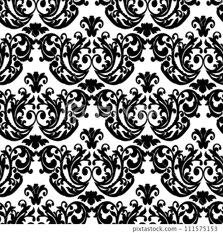 Vector damask vintage baroque ornament. Retro pattern antique style. Seamless floral pattern. Royal wallpaper. Gothic background. Vector black and white ornament 111575153