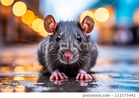 AI-generated content. Urban pest control nightmare. dusk view of rat navigating through busy city alleyway 111575442