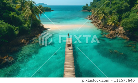 AI-generated content. Thailand, Koh Kham Trat, aerial view of white sand beach with palm trees near Koh Mak, male and female walking on wooden boardwalk. AI-generated content. Thailand, Koh Kham Trat, aerial view of white sand beach with palm trees near Koh Mak, male and female walking on wooden boardwalk. 111575640