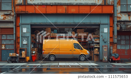 AI-generated content. In front of a logistics warehouse with an open door, a delivery van loading cardboard boxes. A truck delivers wholesale merchandise, online orders, e-commerce goods, and 111575653