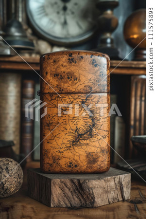 A vintage gasoline lighter for cigars stands on a stand on the table 111575893