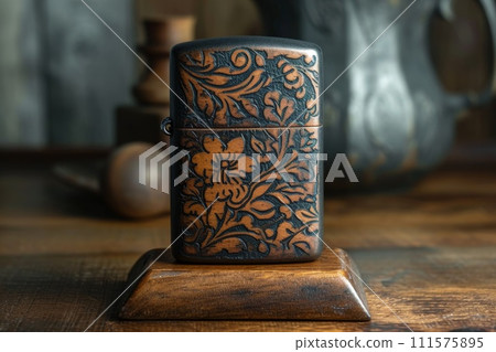 A vintage gasoline lighter for cigars stands on a stand on the table 111575895