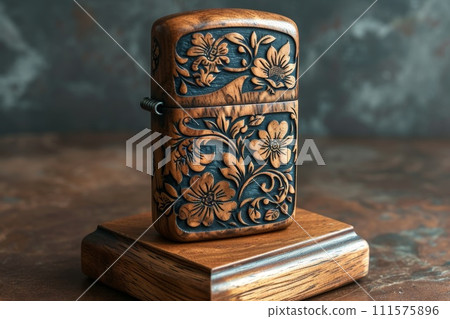 A vintage gasoline lighter for cigars stands on a stand on the table 111575896