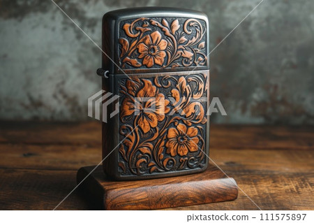 A vintage gasoline lighter for cigars stands on a stand on the table 111575897