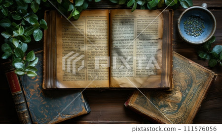 AI-generated content. Book strewn across wooden table. World Book Day poster on wooden table. 111576056