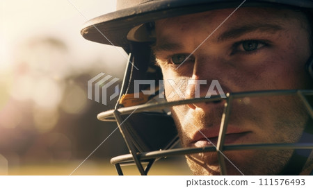 AI-generated content. Close-up portrait of young man, professional cricket player in helmet looking with concentrated and motivated man 111576493