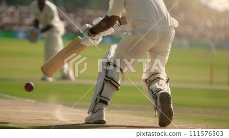 AI-generated content. Cropped image of male legs, cricket players in white uniform playing, hitting ball with bat on cricket filed. 111576503