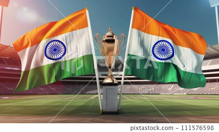 AI-generated content. Trophy between two Indian flags at cricket stadium. Advertising for international cricket tournaments held in India. 111576598
