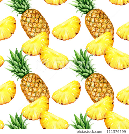 watercolor seamless pattern with pineapple, half and slices of ripe pineapple, sketch of tropical fruit, hand drawn illustration, food illustration isolated on white background watercolor seamless pattern with pineapple, half and slices of ripe pineapple, sketch of tropical fruit, hand drawn illustration, food illustration isolated on white background 111576599