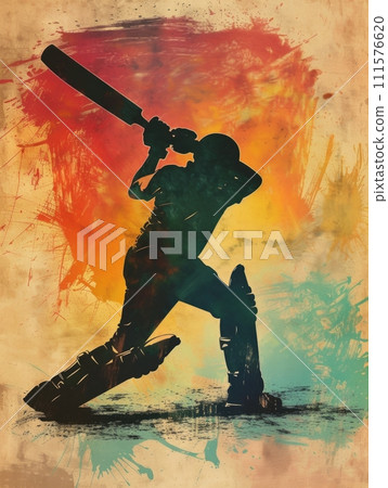 AI-generated content. Abstract silhouette of cricket batsman with colorful splash effect. Promotional creative poster for cricket game event 111576620