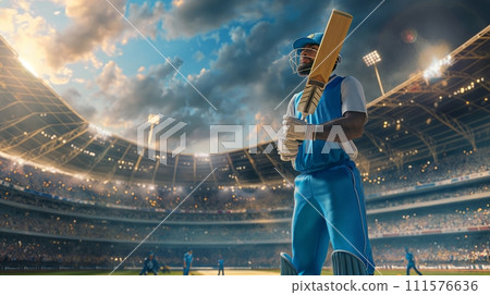AI-generated content. Man, cricket batsman in uniform standing with bat on open air professional cricket stadium. Sport event 111576636