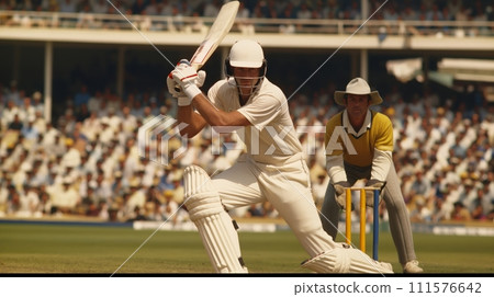 AI-generated content. Cricket batsman playing shot with wicket-keeper on cricket stadium with crowd in t background. Summer outdoor game 111576642