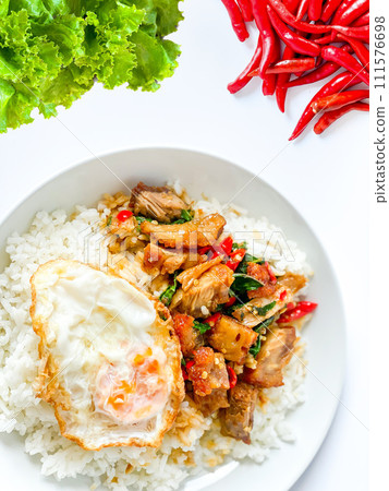 Rice topped with crispy pork belly with Thai basil and fried egg Rice topped with crispy pork belly with Thai basil and fried egg 111576698