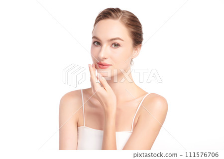 Beautiful young woman with clean fresh skin on white background, Face care, Facial treatment, Cosmetology, beauty and spa, women portrait. 111576706