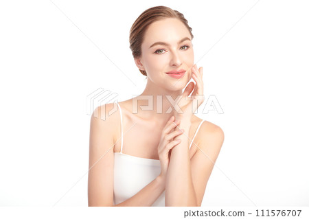 Beautiful young woman with clean fresh skin on white background, Face care, Facial treatment, Cosmetology, beauty and spa, women portrait. 111576707